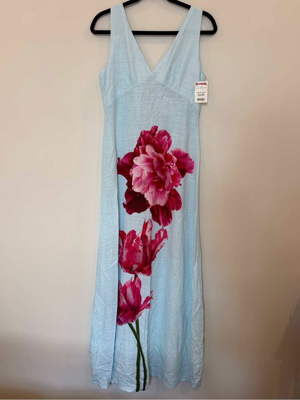 Light Blue Maxi Dress with Pink Floral Motif